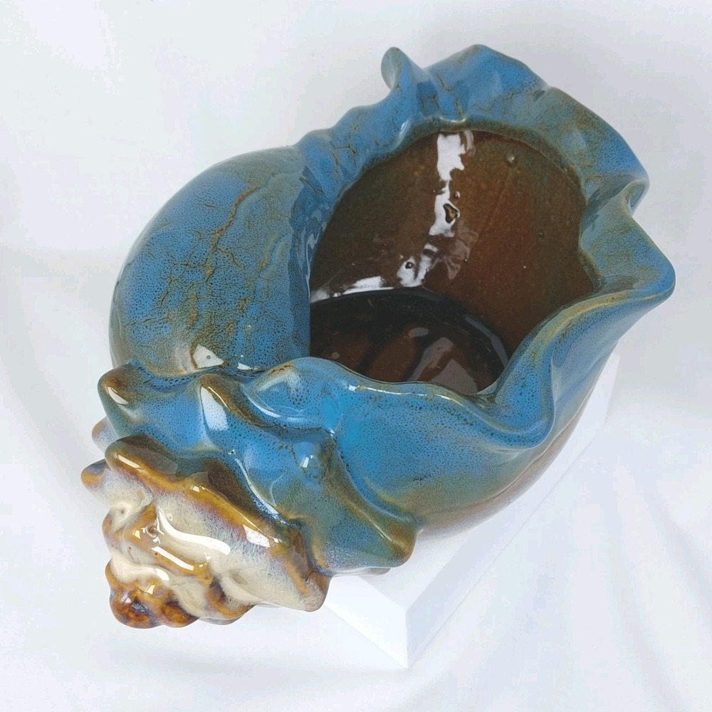 Pottery Conch Seashell Planter Bue Brown Acid Drip Glaze 7.5"x11"